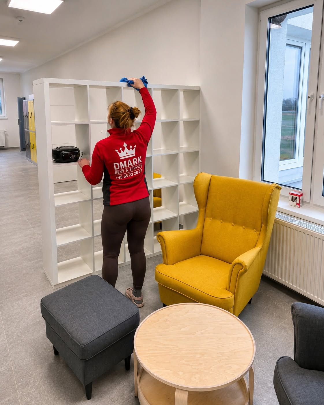 Dmark medarbejder rengør reol på et kontor